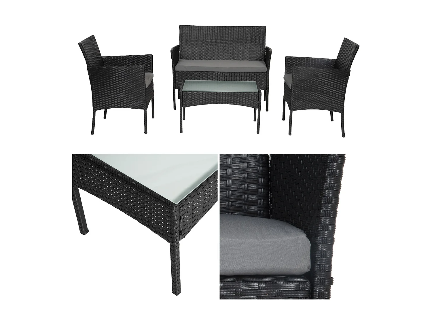 CORDOUE tuinmeubelset in zwart gevlochten kunststof 4 zitplaatsen - grijze kussens