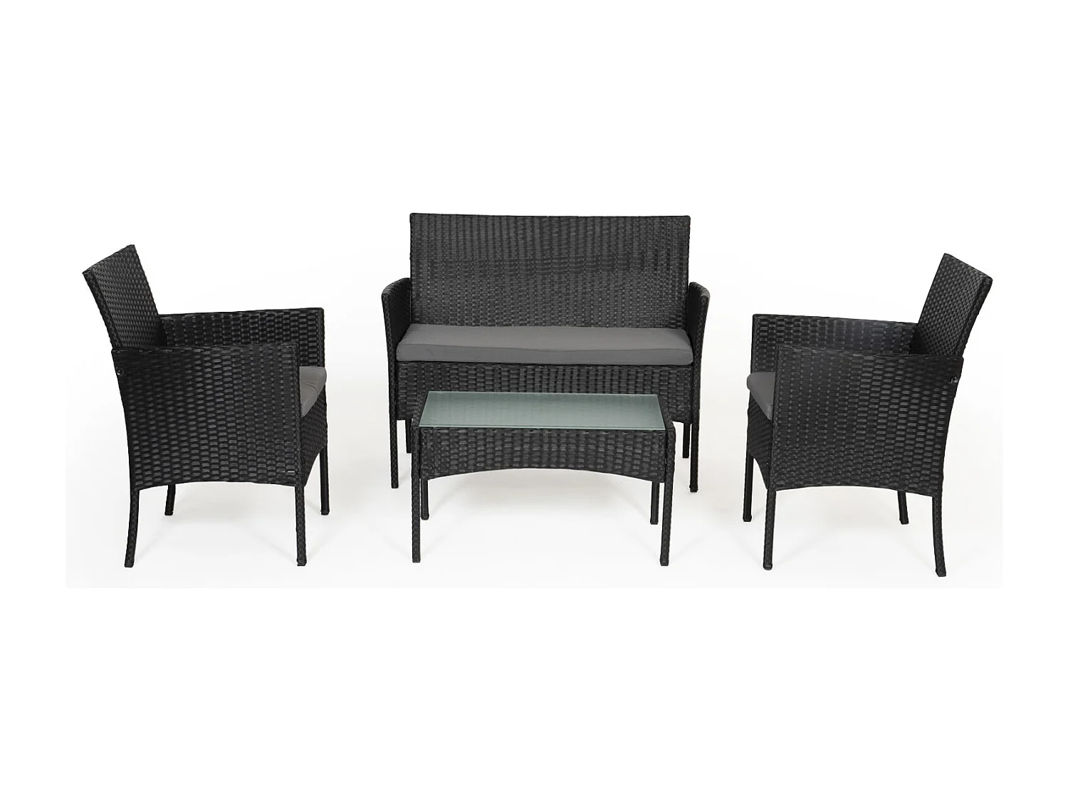 CORDOUE tuinmeubelset in zwart gevlochten kunststof 4 zitplaatsen - grijze kussens