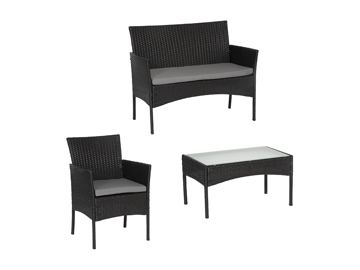 Salon de jardin CORDOUE en résine tressée noire 4 places - coussins gris - HAPPY GARDEN