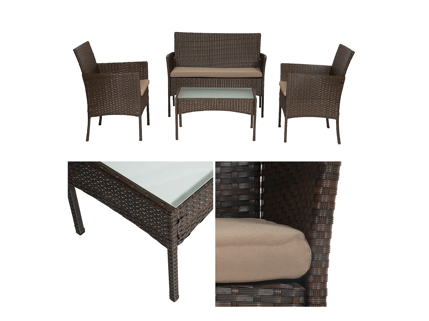 Bruin geweven tuinmeubel van hars CORDOUE 4 zitplaatsen - taupe kussens