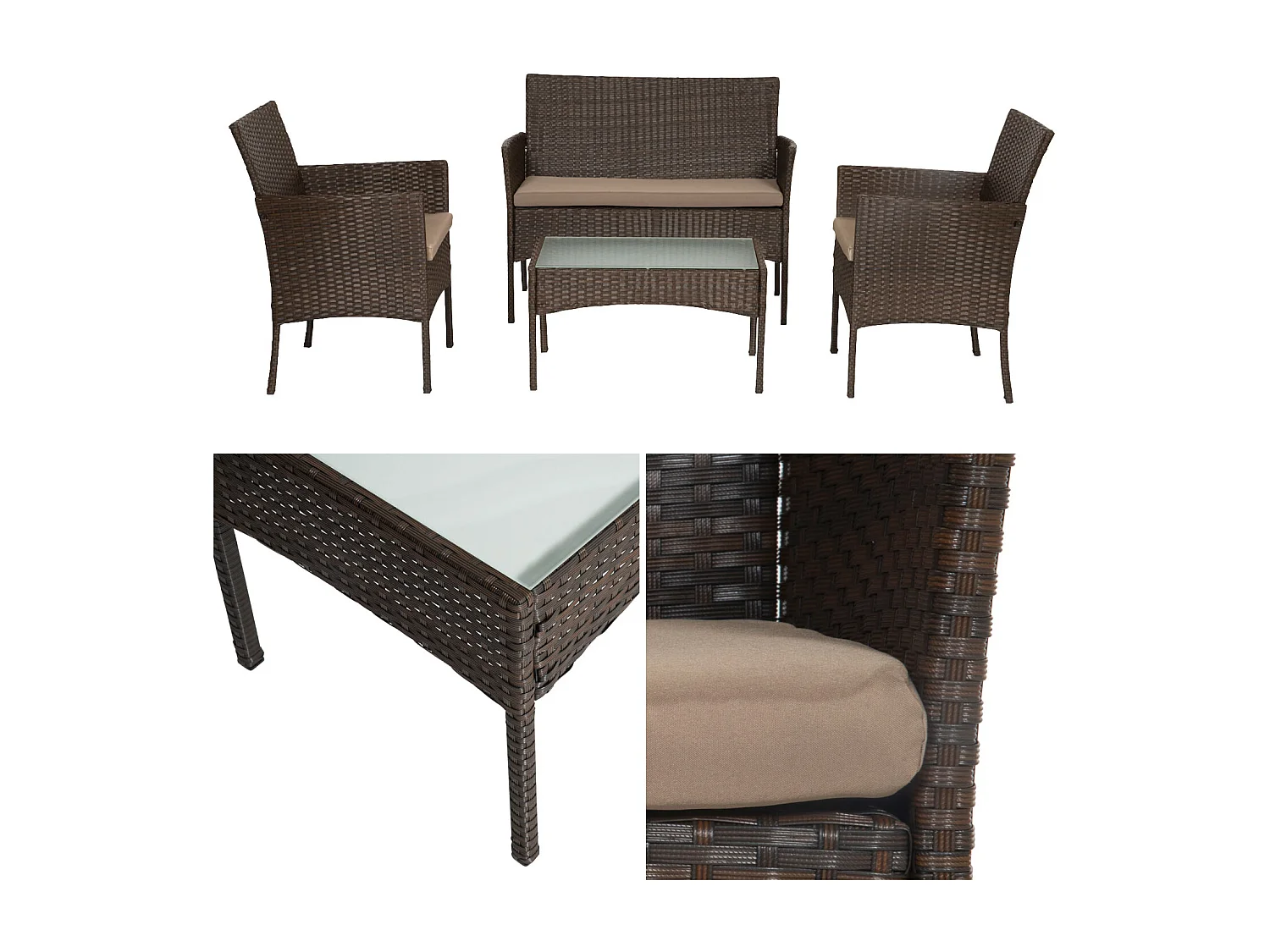 Salon de jardin CORDOUE en résine tressée marron 4 places - coussins taupe - HAPPY GARDEN