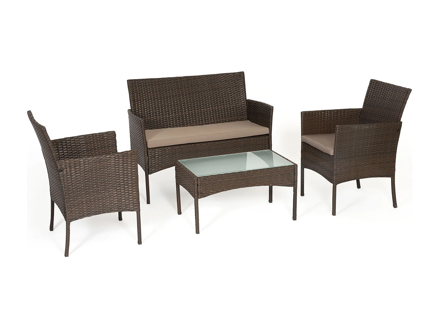 Mobili da giardino in resina intrecciata marrone CORDOUE 4 posti - cuscini tortora