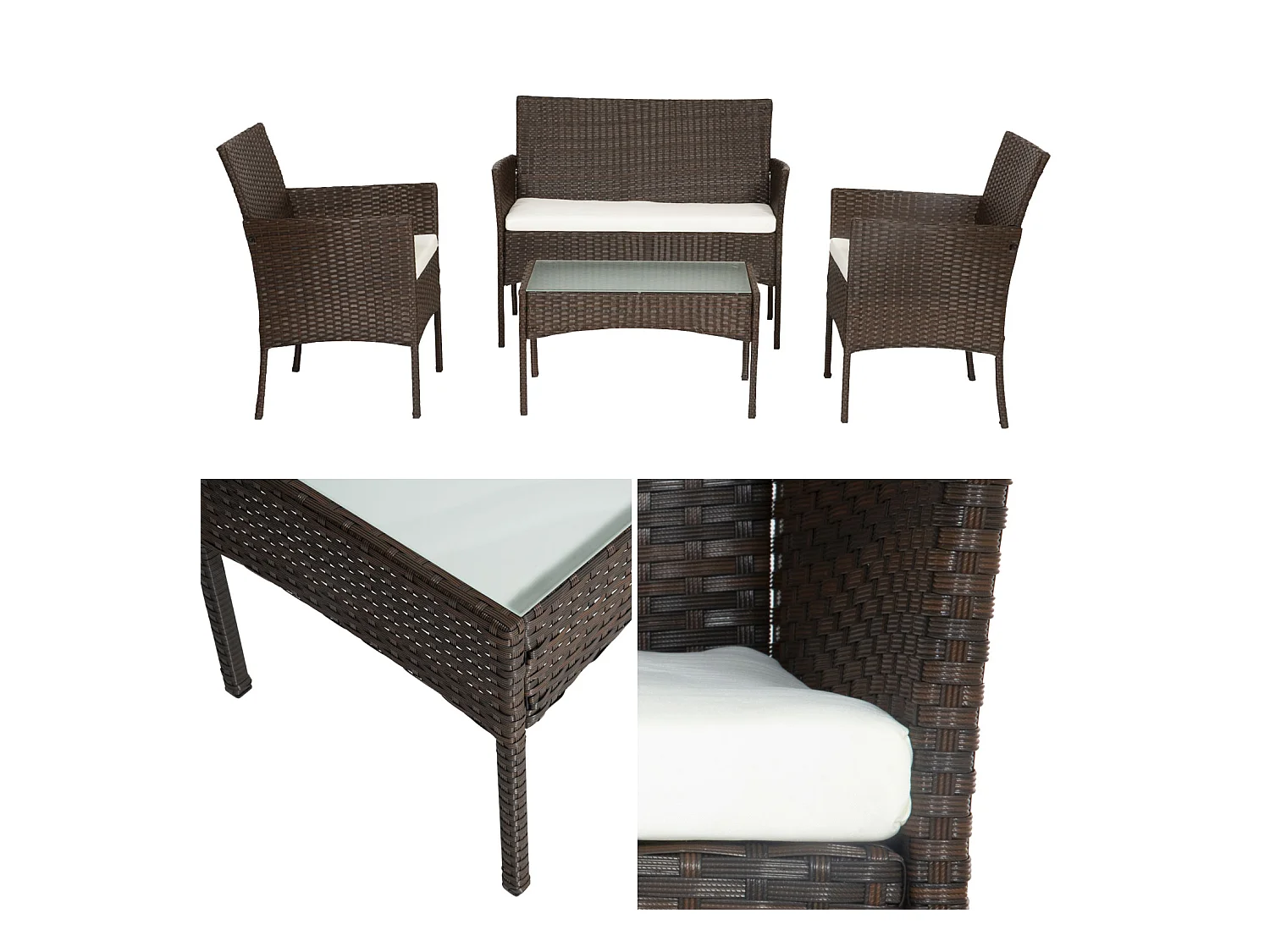 Gartenmöbel CORDOUE aus braunem Harzgeflecht 4 Sitzplätze - elfenbeinfarbene Kissen