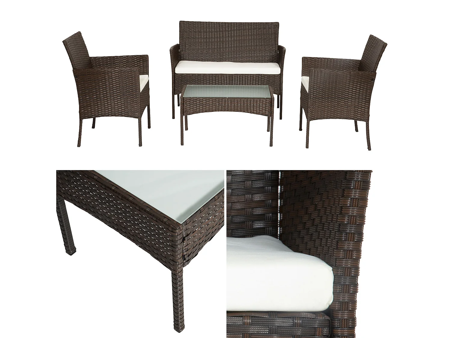 Salon de jardin CORDOUE en résine tressée marron 4 places - coussins ivoire - HAPPY GARDEN