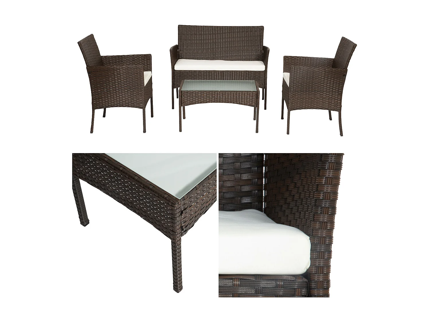 Salon de jardin CORDOUE en résine tressée marron 4 places - coussins ivoire - HAPPY GARDEN