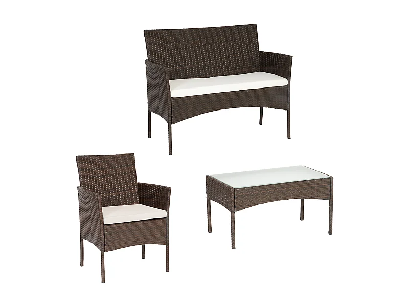 Bruin geweven tuinmeubel van hars CORDOUE 4 zitplaatsen - ivoorkleurige kussens