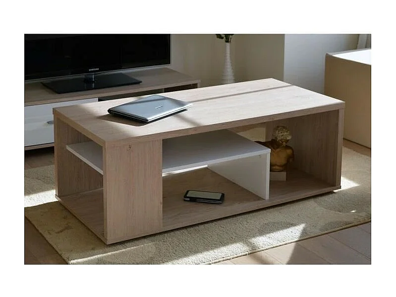 Mesa de centro MELINA. Móvel moderno e na moda, cor carvalho e branco. Ideal para a sua sala de estar. Fabricação francesa.