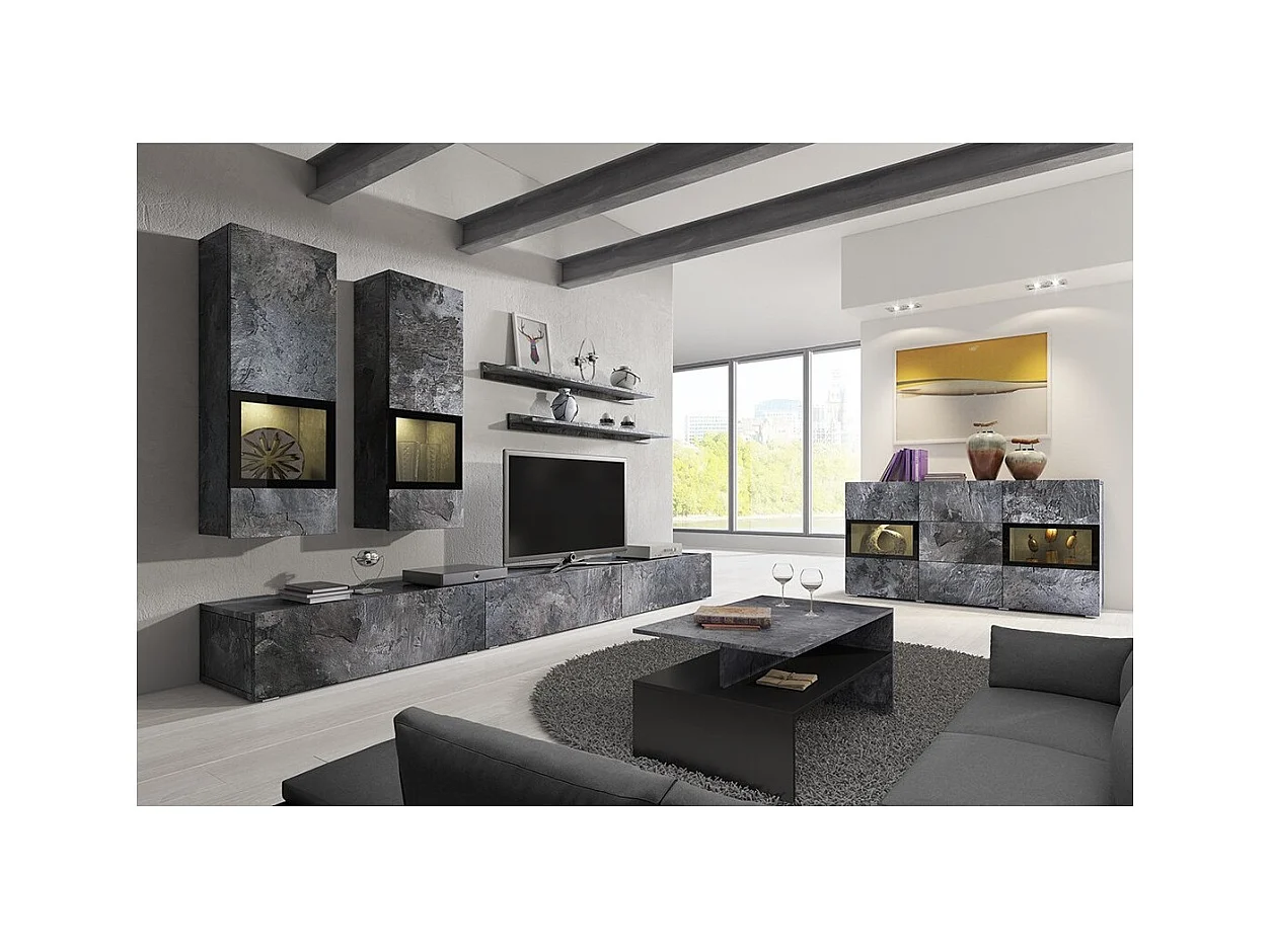 Tavolino design RAMOS – Grigio effetto ardesia e nero – Ripiano intermedio – Stile contemporaneo