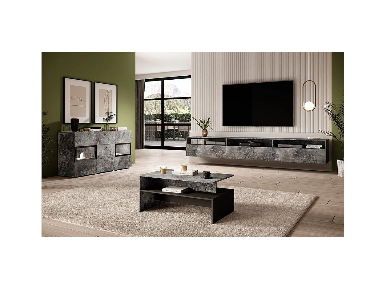 Tavolino design RAMOS – Grigio effetto ardesia e nero – Ripiano intermedio – Stile contemporaneo