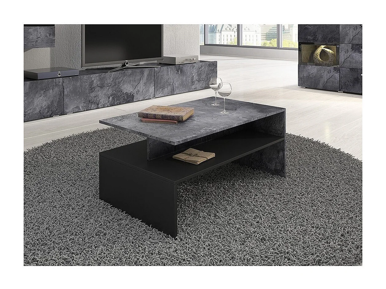 Table basse design RAMOS – Gris effet ardoise et noir – Plateau intermédiaire – Style contemporain