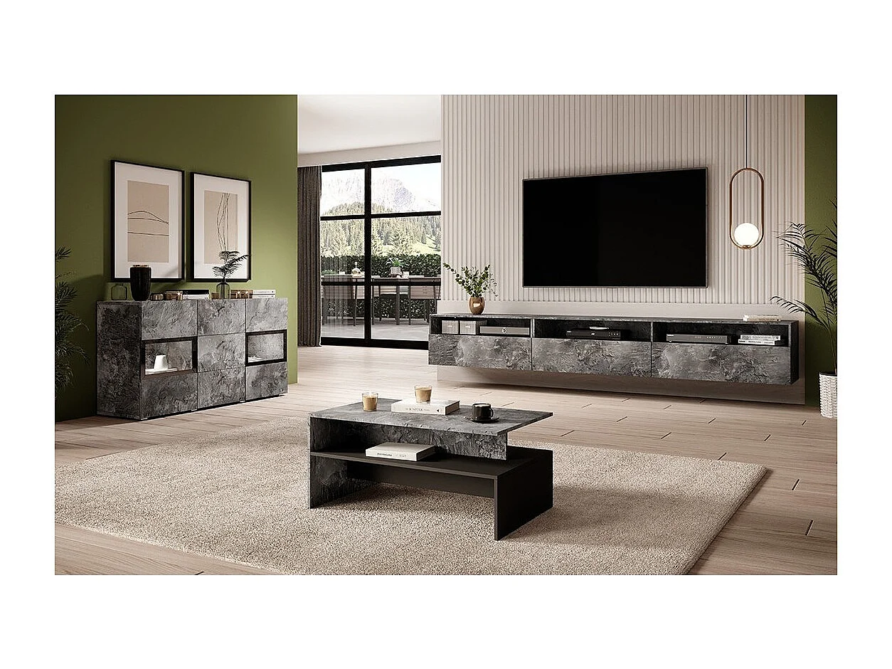 Table basse design RAMOS – Gris effet ardoise et noir – Plateau intermédiaire – Style contemporain