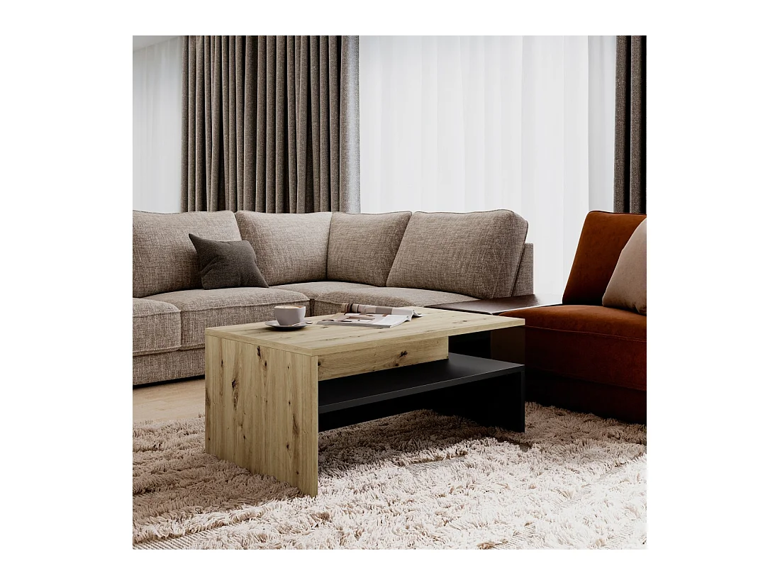 Salontafel RAMOS - Ontwerp in eiken en supermat zwart - Blad met geïntegreerde opbergruimte - 100x60 cm