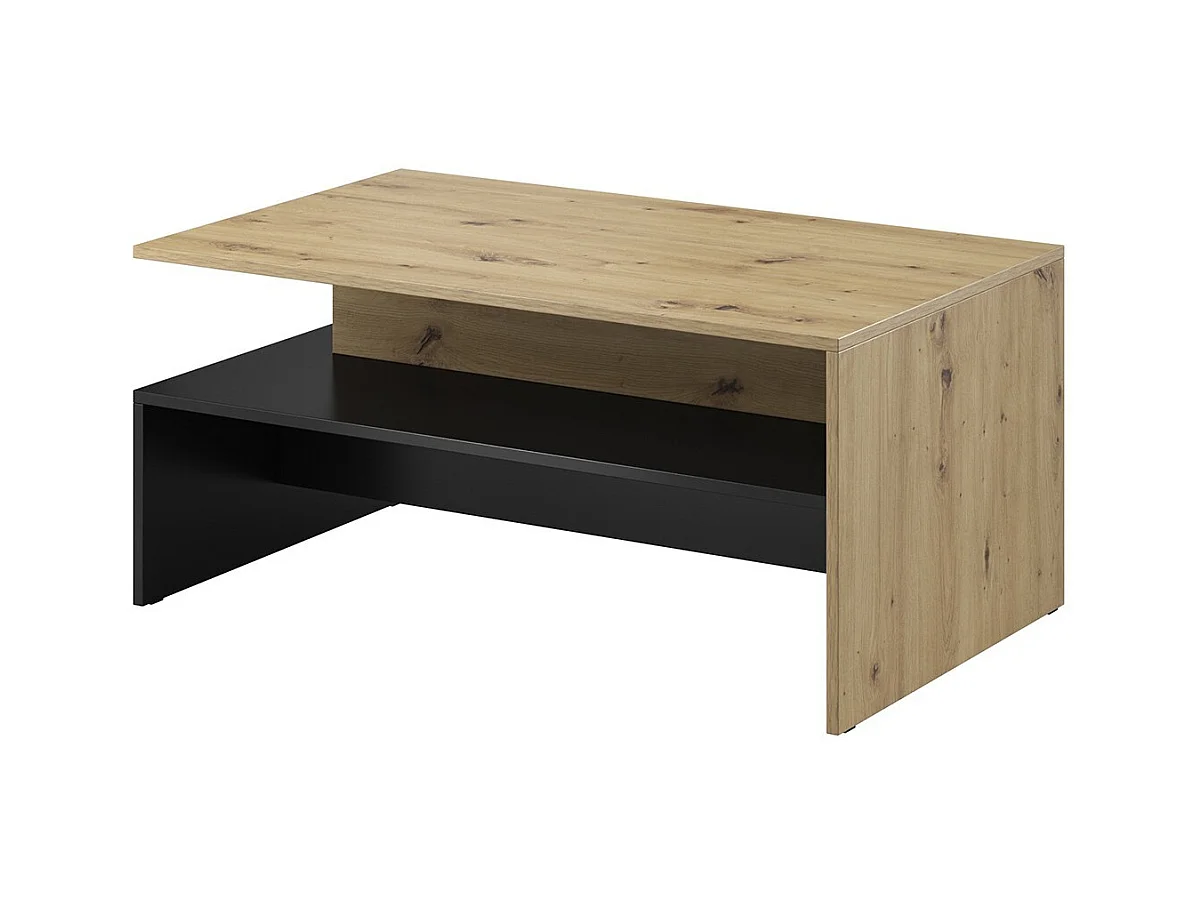 Salontafel RAMOS - Ontwerp in eiken en supermat zwart - Blad met geïntegreerde opbergruimte - 100x60 cm