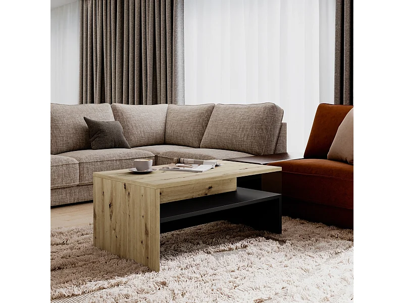 Table basse RAMOS – Design chêne et noir super mat – Plateau avec rangement intégré – 100x60 cm