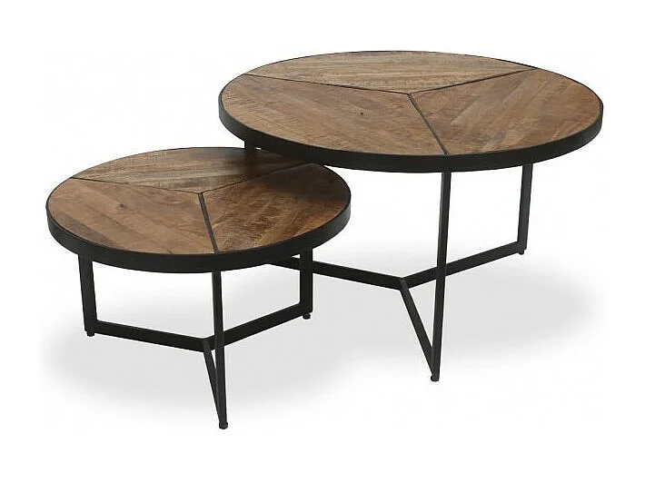 Lot de 2 tables basses gigognes rondes LAVE – Bois exotique massif et métal noir – Style industriel