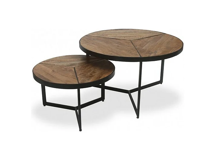 Lot de 2 tables basses gigognes rondes LAVE – Bois exotique massif et métal noir – Style industriel