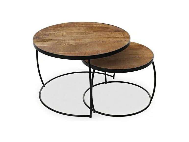 Ensemble de 2 tables basses gigognes rondes LARSON – Bois exotique et métal noir – Style industriel