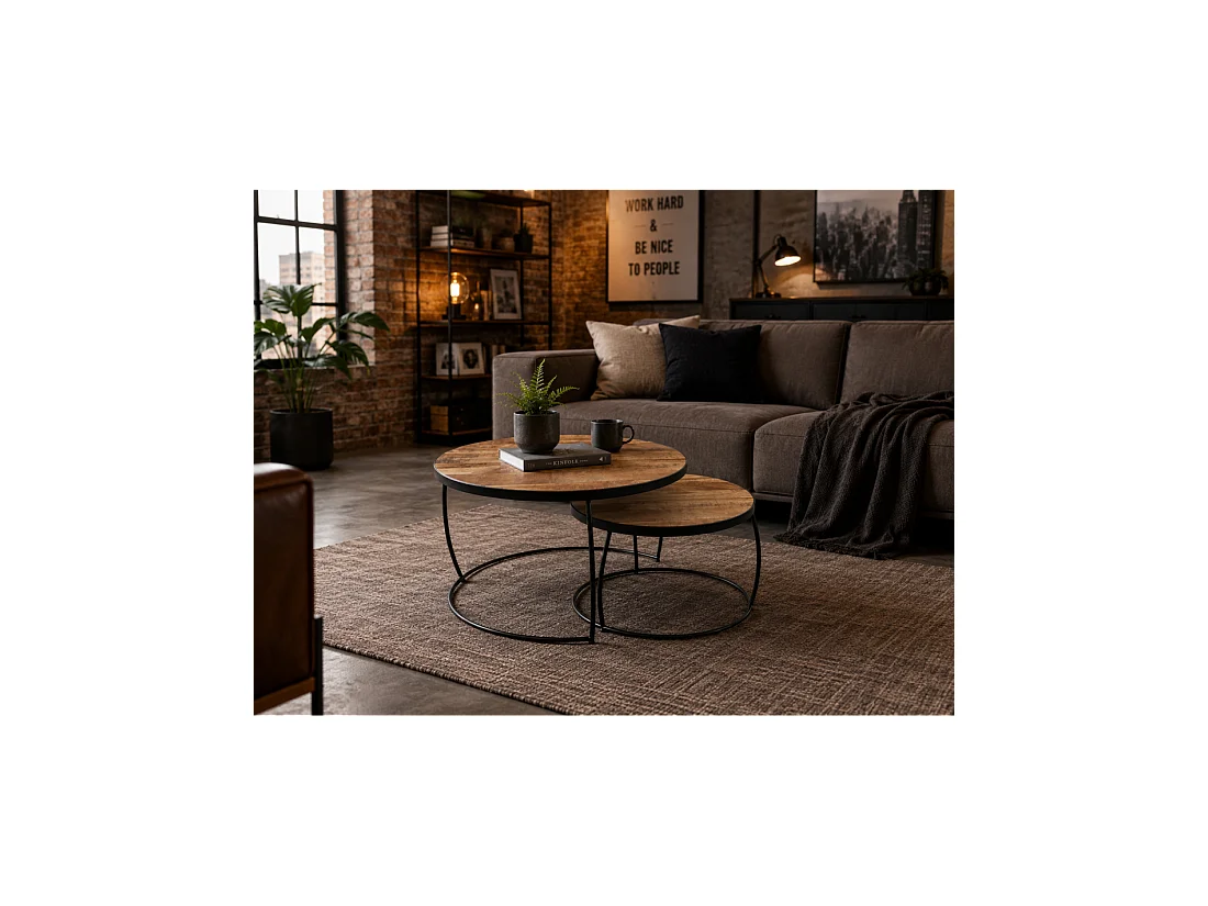 Ensemble de 2 tables basses gigognes rondes LARSON – Bois exotique et métal noir – Style industriel