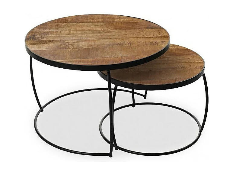 Ensemble de 2 tables basses gigognes rondes LARSON – Bois exotique et métal noir – Style industriel