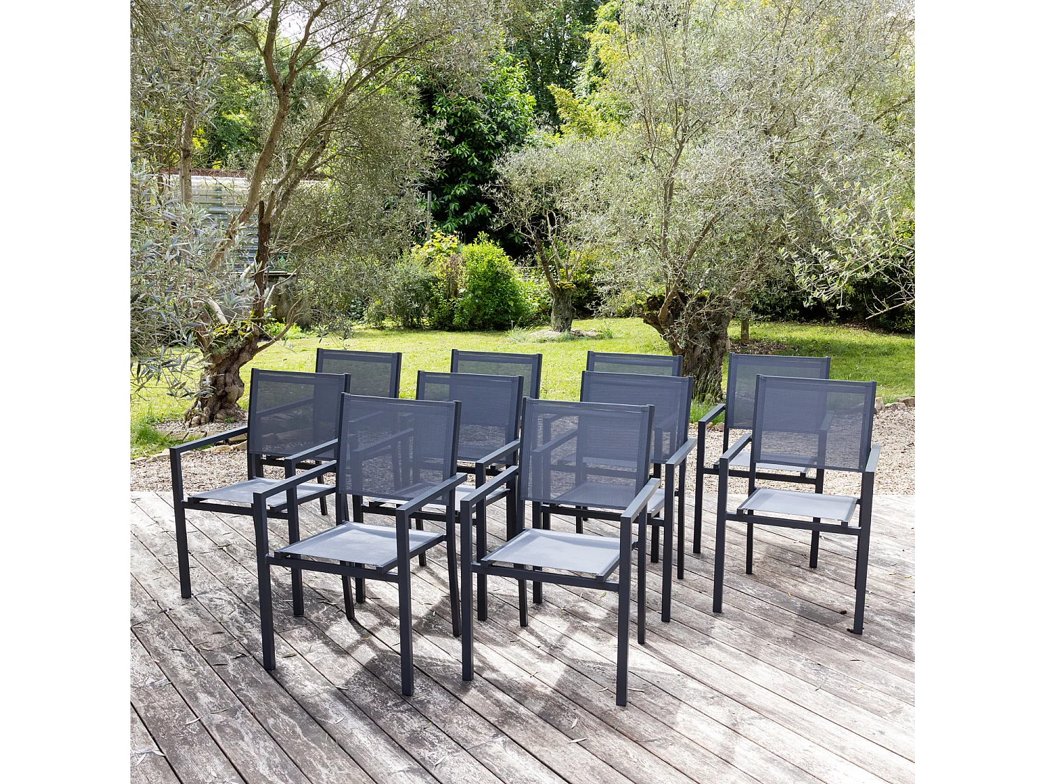 Set van 10 antraciet aluminium stoelen - grijs textilene