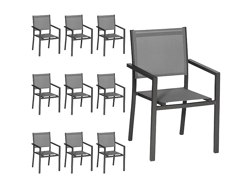 Lot de 10 chaises en aluminium anthracite - textilène gris - HAPPY GARDEN