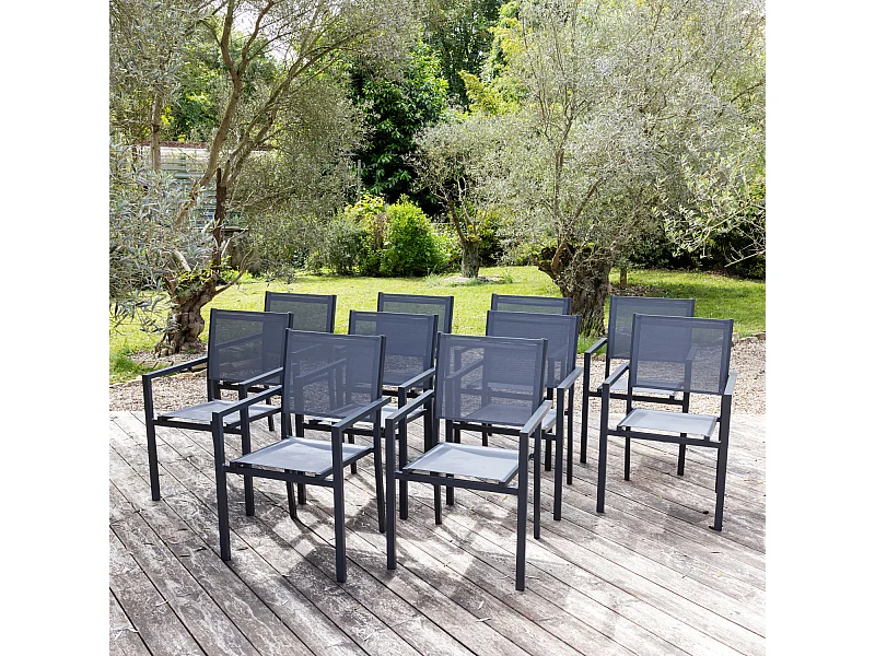 Lot de 10 chaises en aluminium anthracite - textilène gris - HAPPY GARDEN