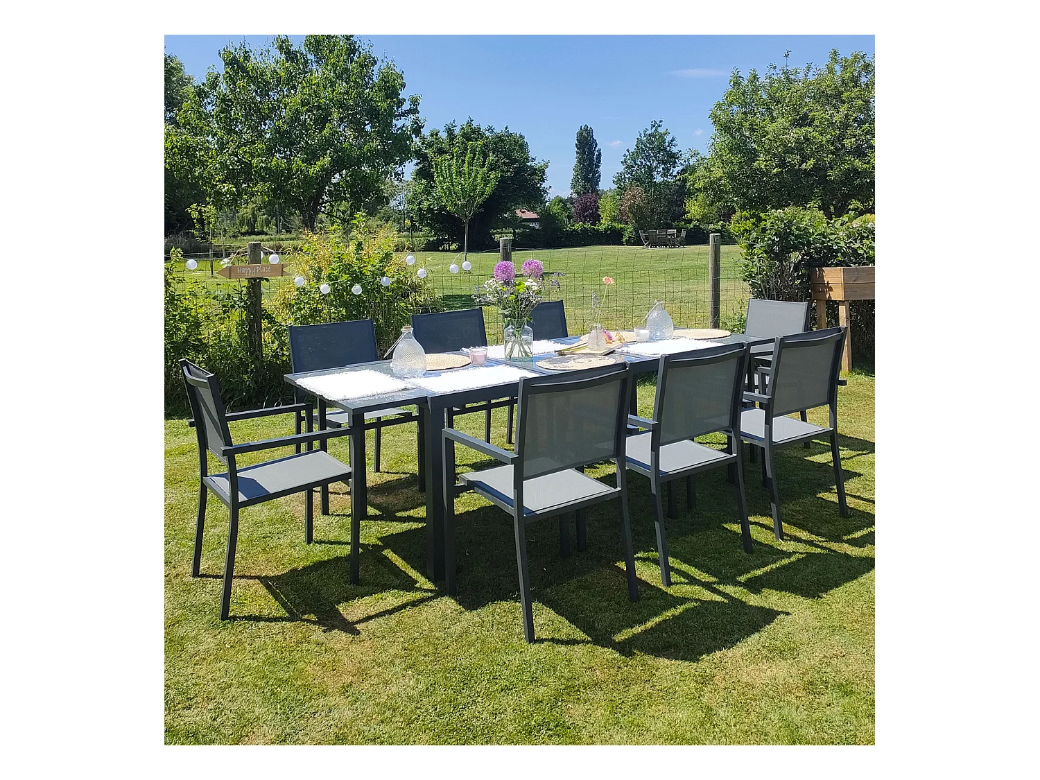 Salon de jardin FIRENZE extensible en textilène gris 8 places - aluminium anthracite - HAPPY GARDEN