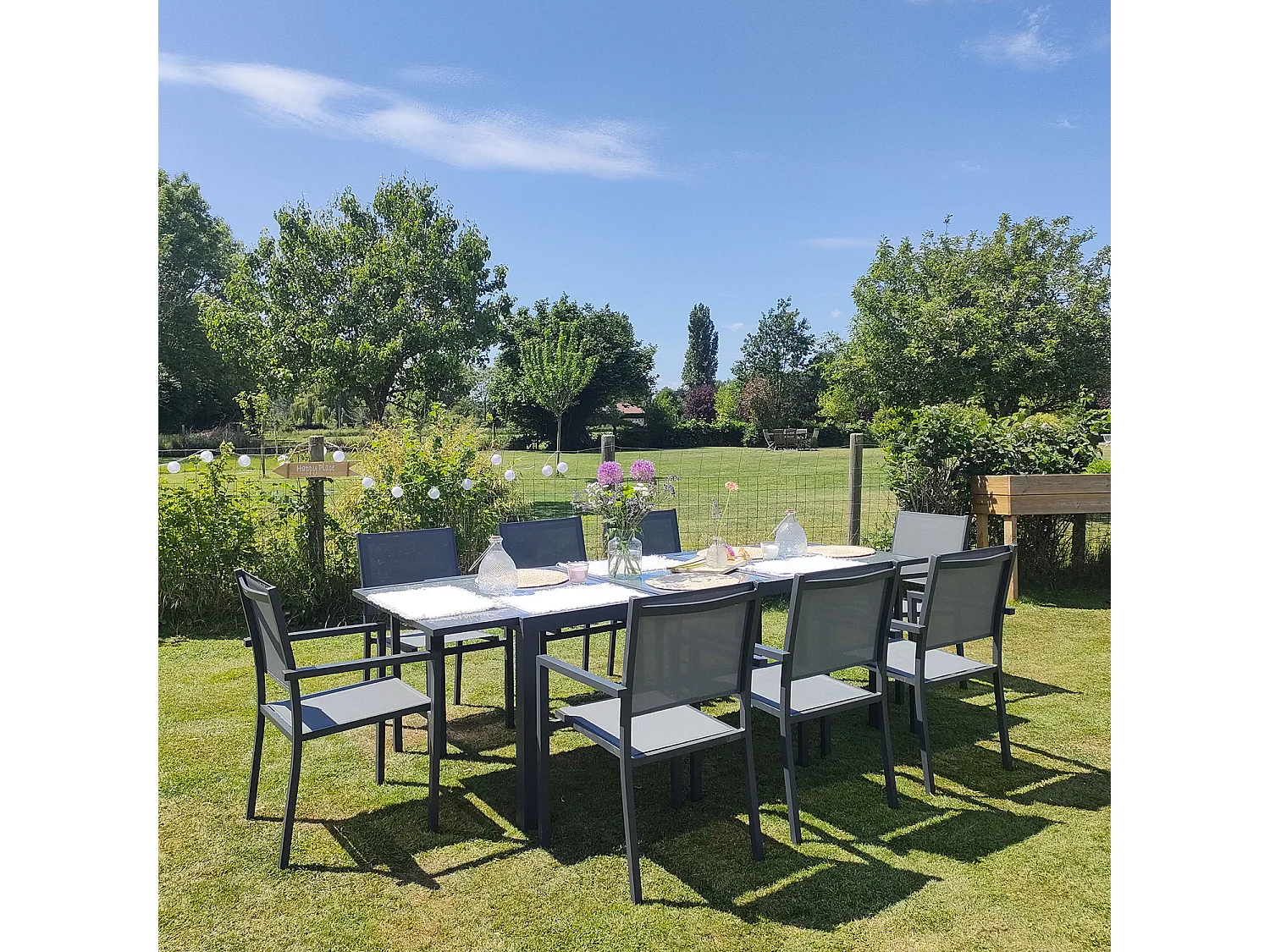 Salon de jardin FIRENZE extensible en textilène gris 8 places - aluminium anthracite - HAPPY GARDEN