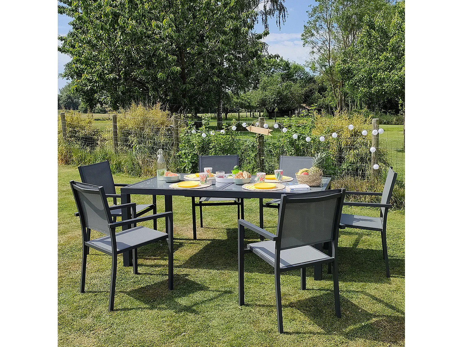 Salon de jardin FIRENZE extensible en textilène gris 8 places - aluminium anthracite - HAPPY GARDEN