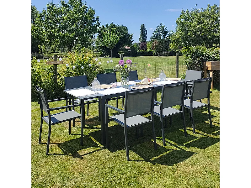 Conjunto de jardín extensible FIRENZE 8 plazas en textileno gris aluminio antracita