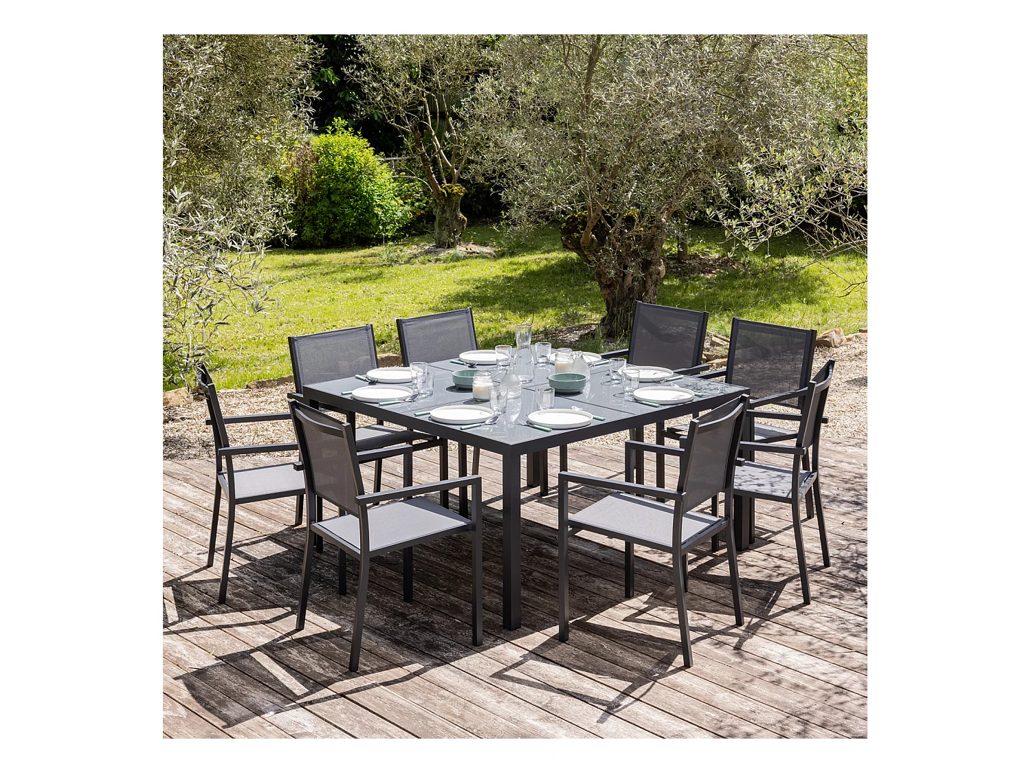 Salon de jardin CAGLIARI en textilène gris 8 places - aluminium anthracite - HAPPY GARDEN