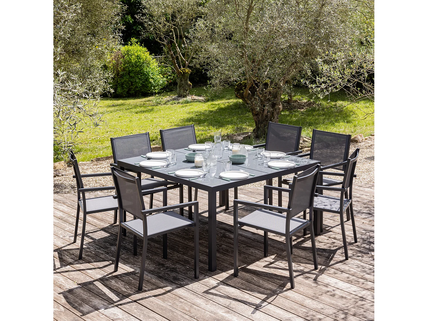 Salon de jardin CAGLIARI en textilène gris 8 places - aluminium anthracite - HAPPY GARDEN