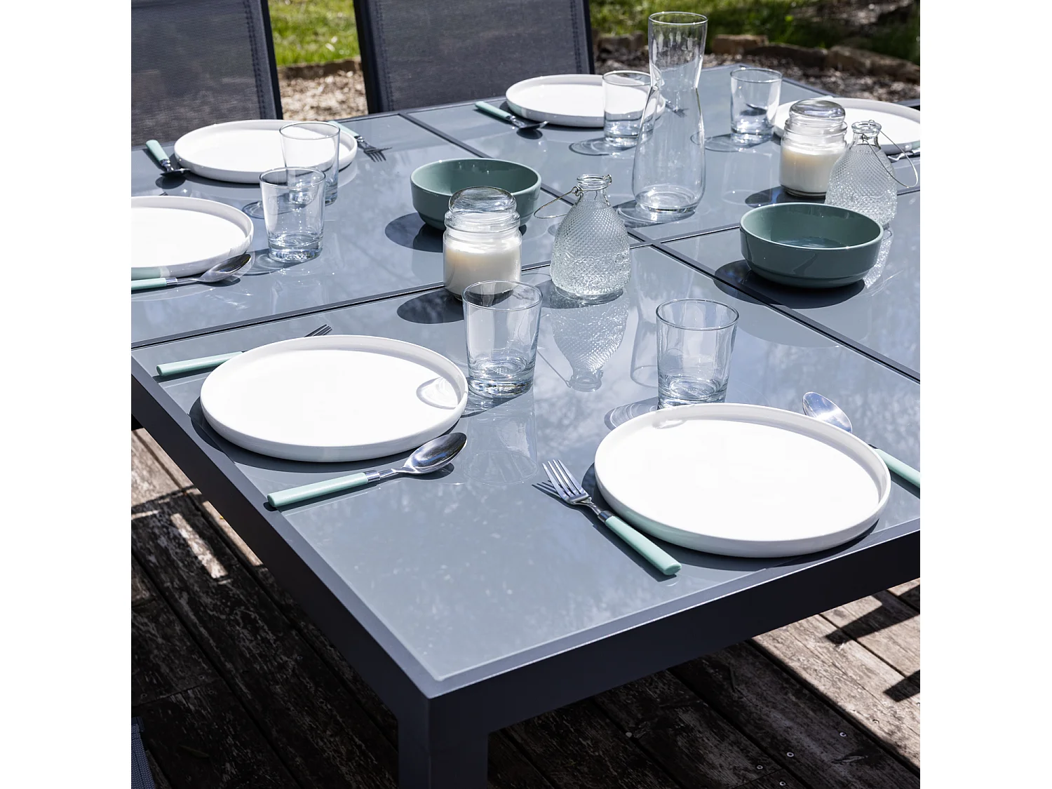 Salon de jardin CAGLIARI en textilène gris 8 places - aluminium anthracite - HAPPY GARDEN