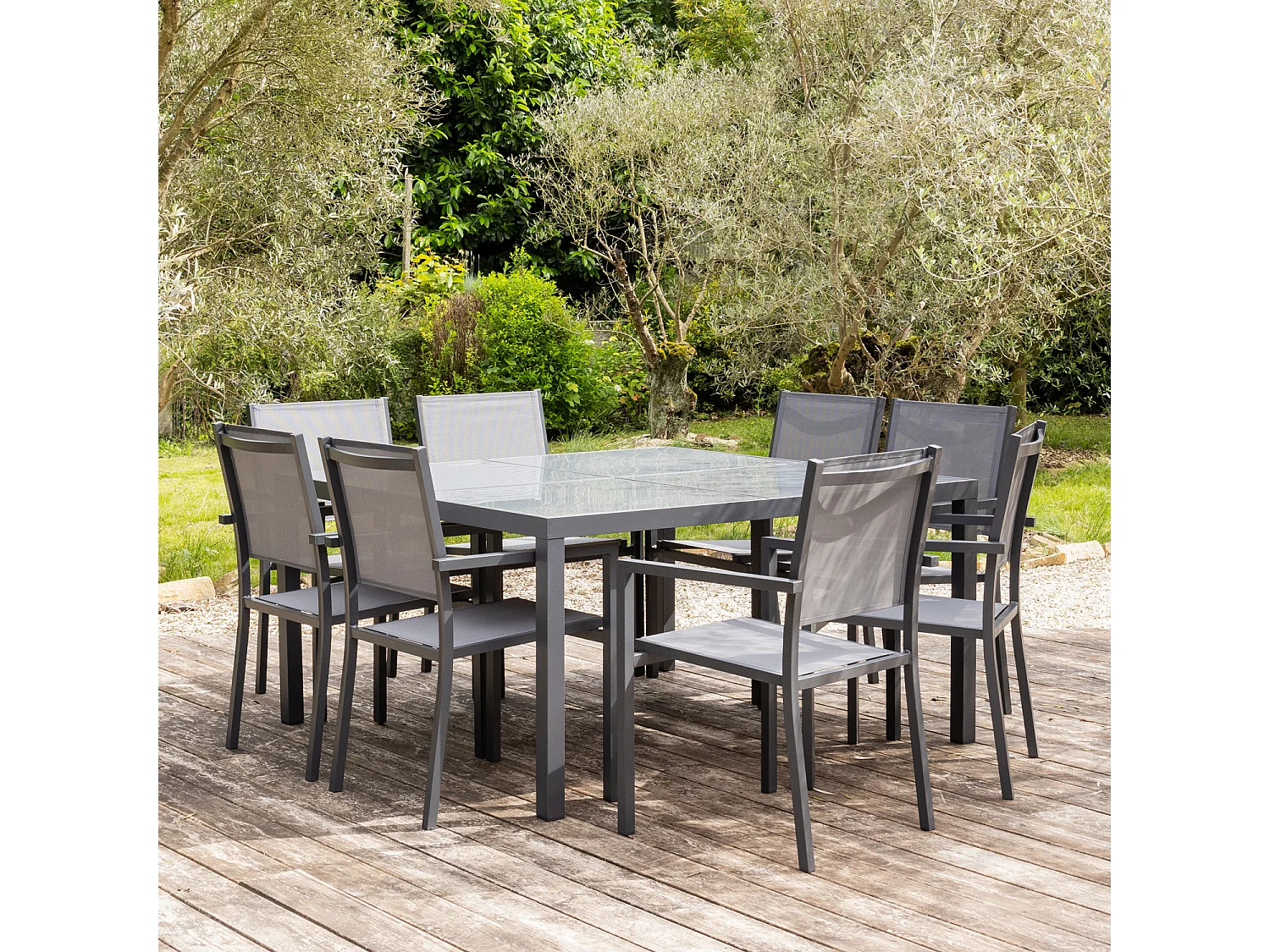 Salon de jardin CAGLIARI en textilène gris 8 places - aluminium anthracite - HAPPY GARDEN