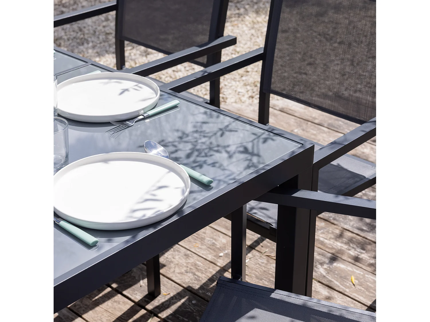 Salon de jardin CAGLIARI en textilène gris 8 places - aluminium anthracite - HAPPY GARDEN