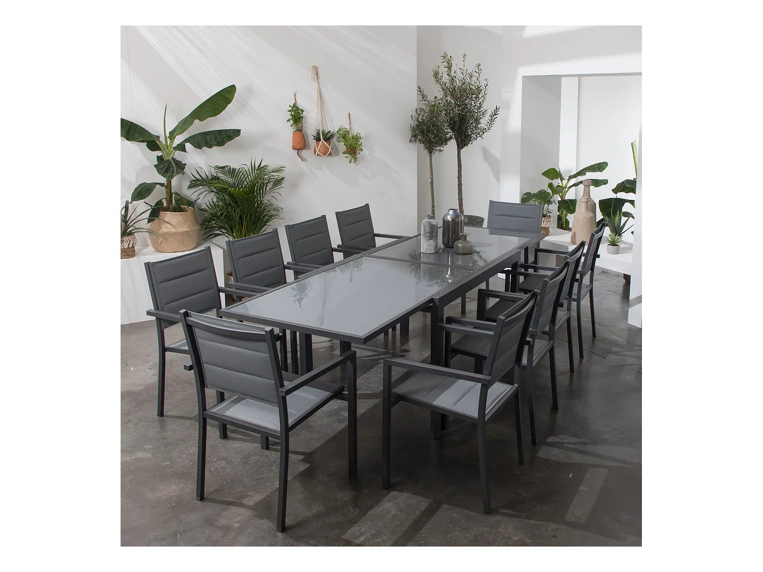 Salon de jardin LAMPEDUSA extensible en textilène gris 10 places - aluminium anthracite - HAPPY GARDEN