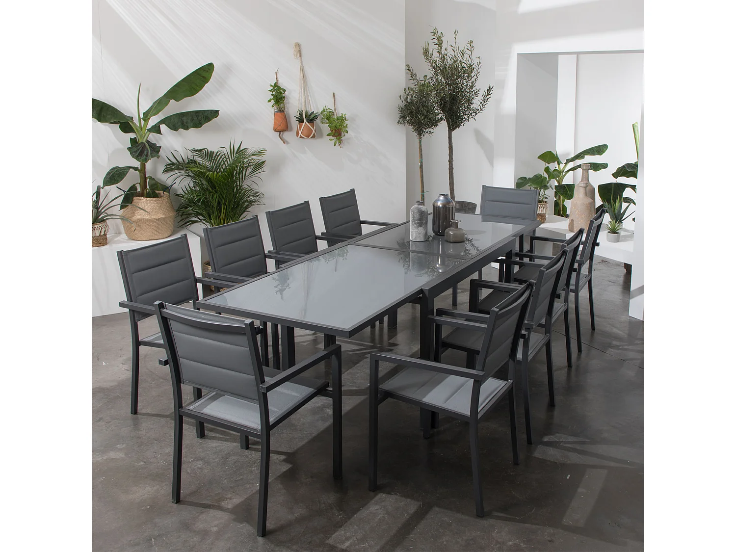 Salon de jardin LAMPEDUSA extensible en textilène gris 10 places - aluminium anthracite - HAPPY GARDEN