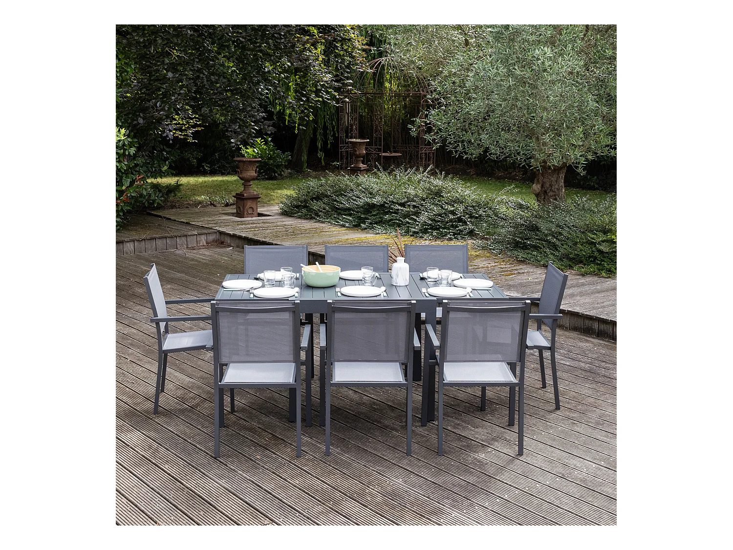 Salon de jardin VENEZIA extensible 90/180 en textilène gris 8 places - aluminium anthracite - HAPPY GARDEN