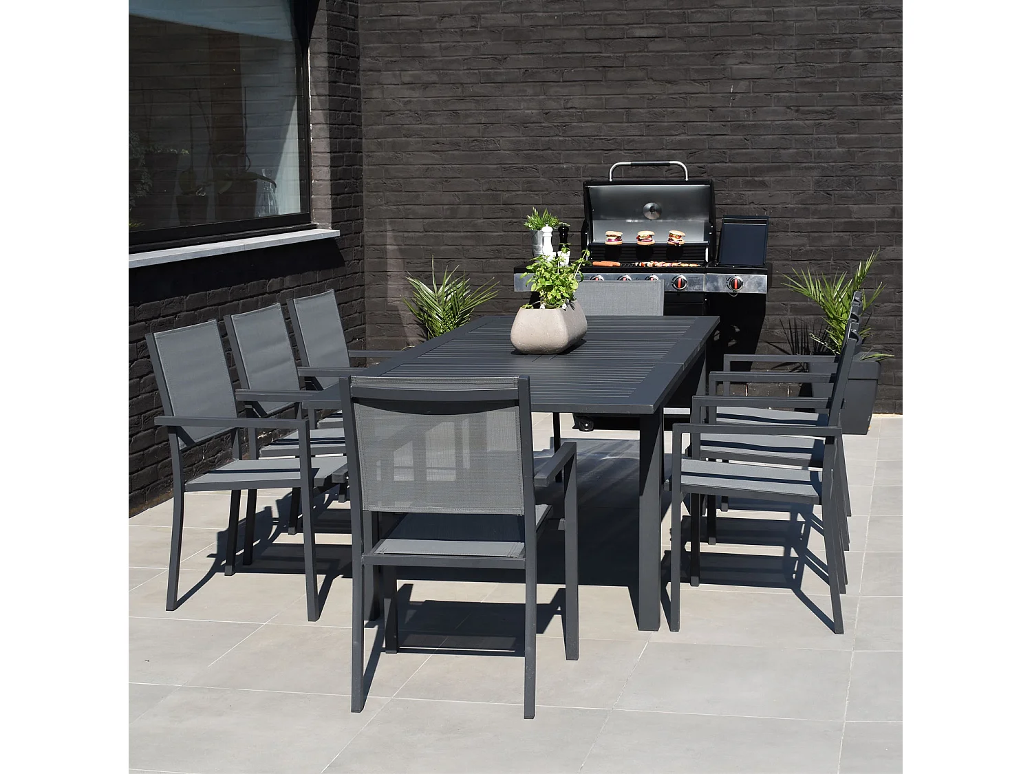 Salon de jardin CAPRI extensible en textilène gris 8 places - aluminium anthracite