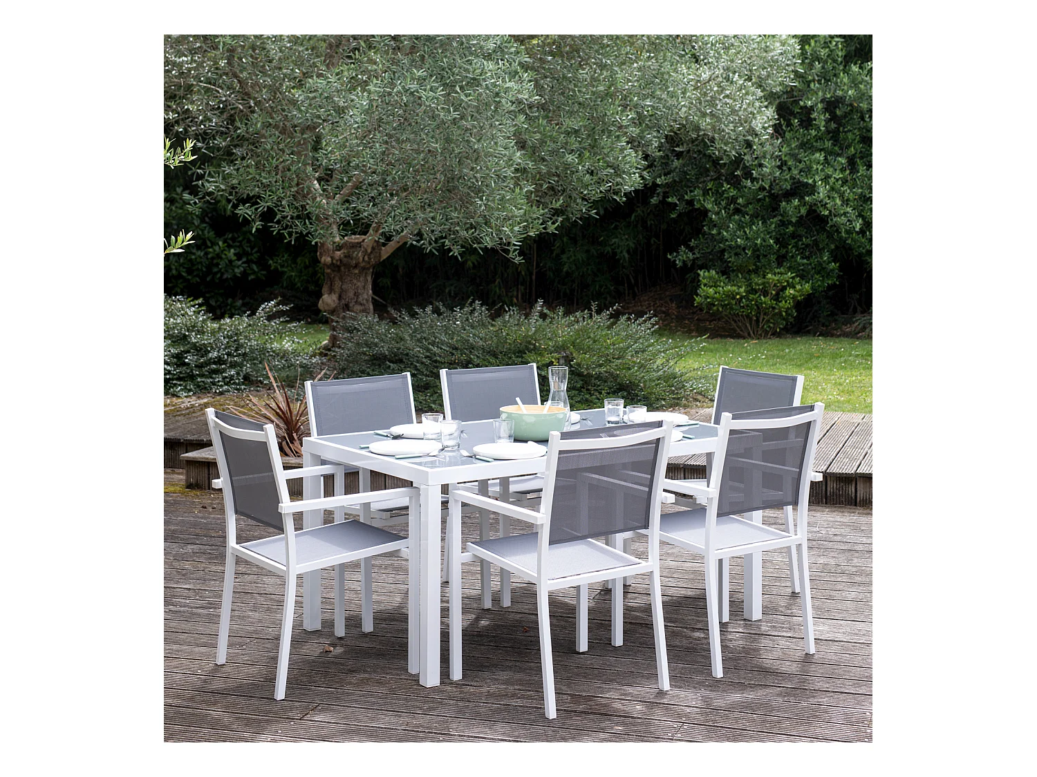 Salon de jardin BERGAMO en textilène gris 6 places - aluminium blanc - HAPPY GARDEN