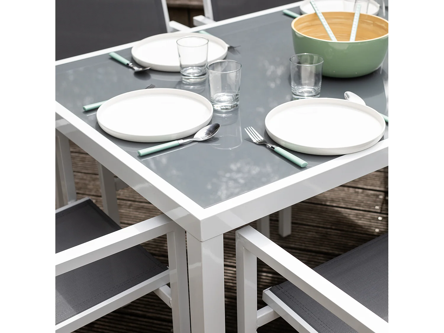 Salon de jardin BERGAMO en textilène gris 6 places - aluminium blanc - HAPPY GARDEN