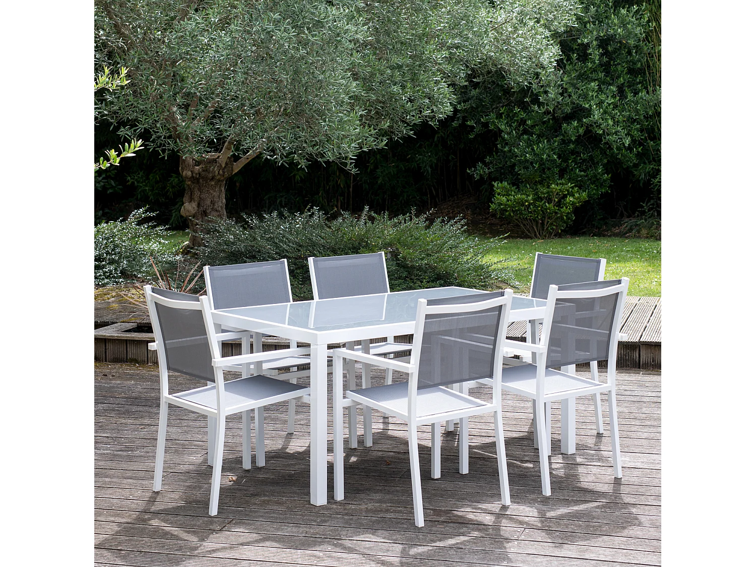 Salon de jardin BERGAMO en textilène gris 6 places - aluminium blanc - HAPPY GARDEN