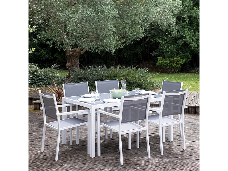 BERGAMO grijs textilene tuinset 6 zitplaatsen - wit aluminium