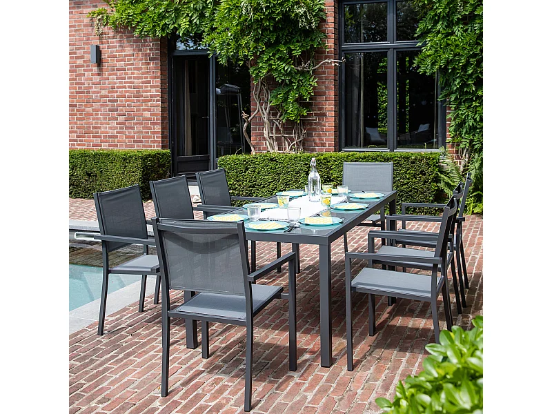 Salon de jardin BARI en textilène gris 8 places - aluminium anthracite - HAPPY GARDEN