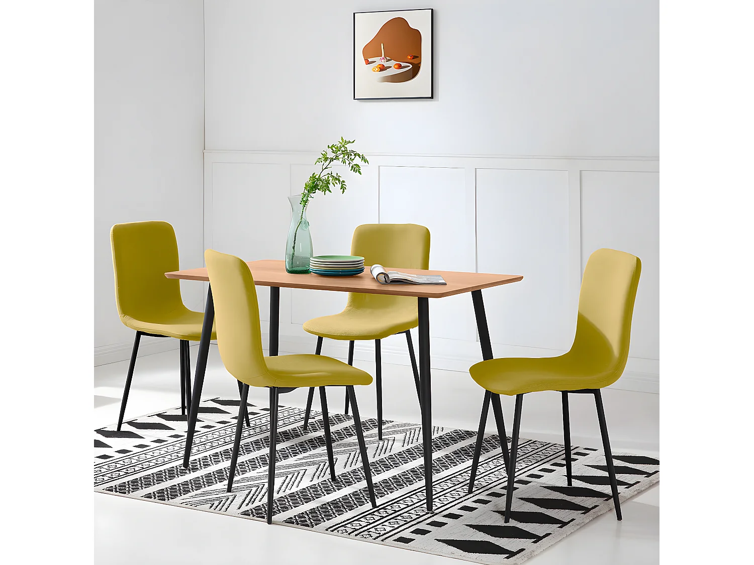 HANOI - Ensemble Table Rectangle 120 Effet Bois + 4 Chaises Jaunes
