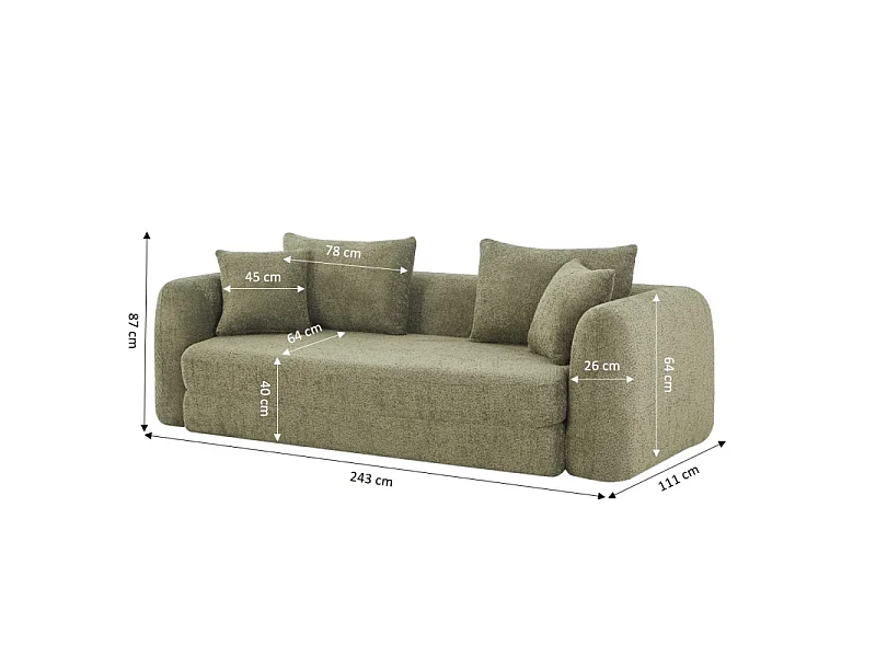 Canapé droit compressé convertible tissu bouclette 3 places vert ETRETAT
