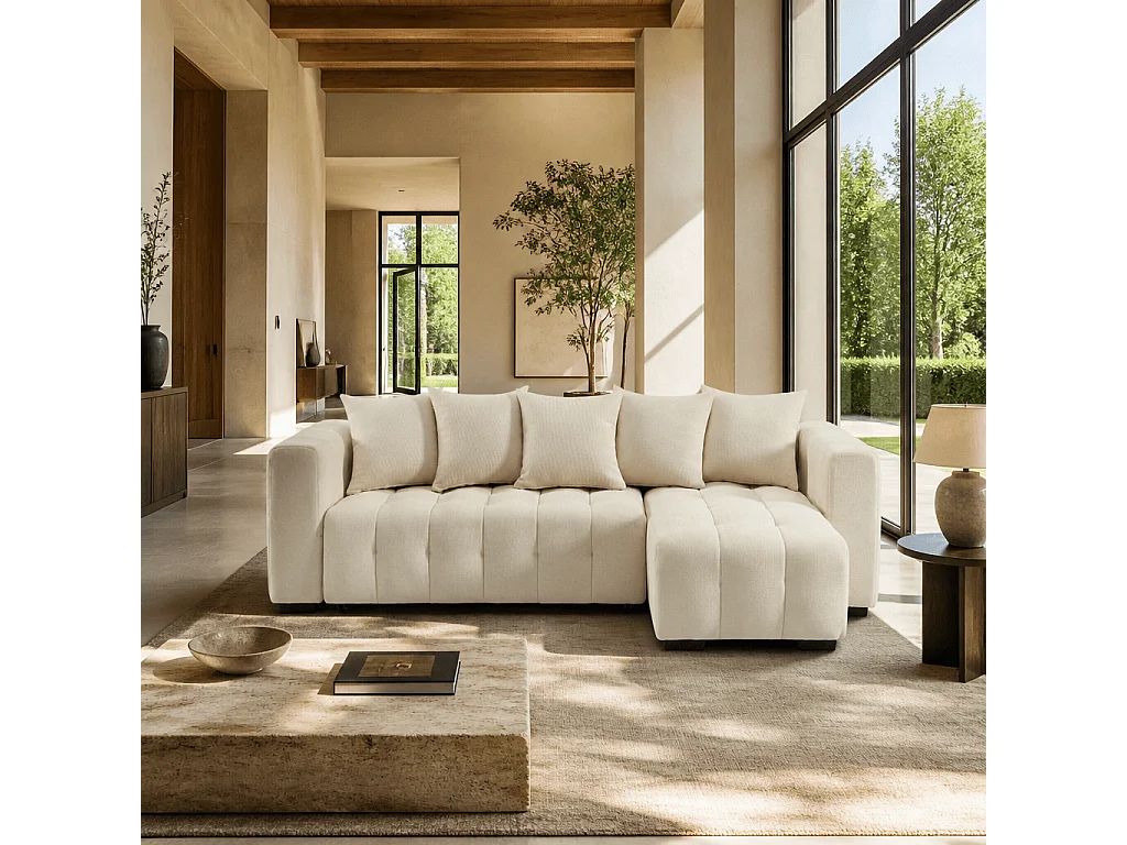 Canapé d'angle convertible réversible tissu 4 places beige HONFLEUR