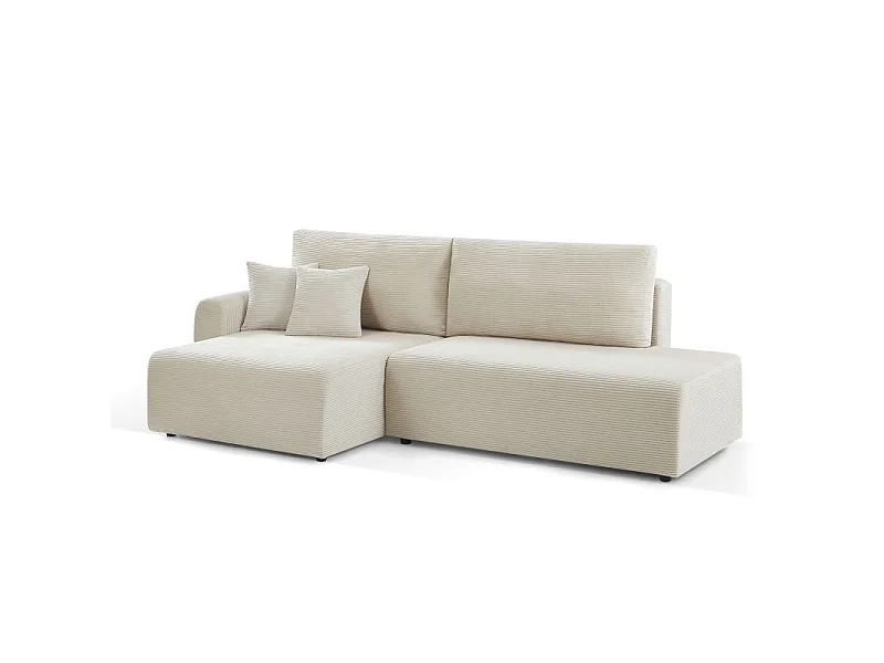 Canapé d'angle gauche ouvert convertible velours côtelé 4 places beige KALYS
