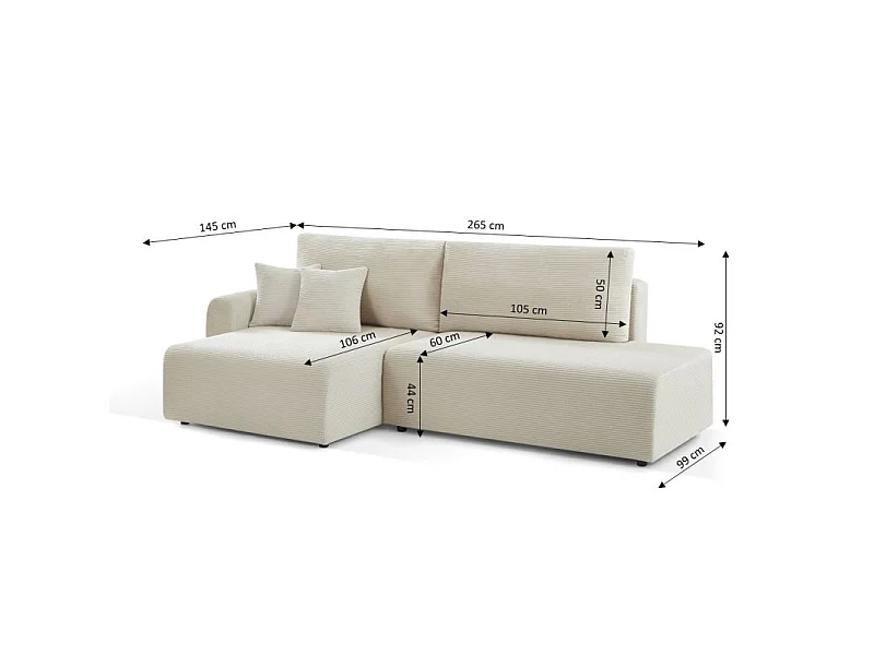 Canapé d'angle gauche ouvert convertible velours côtelé 4 places beige KALYS