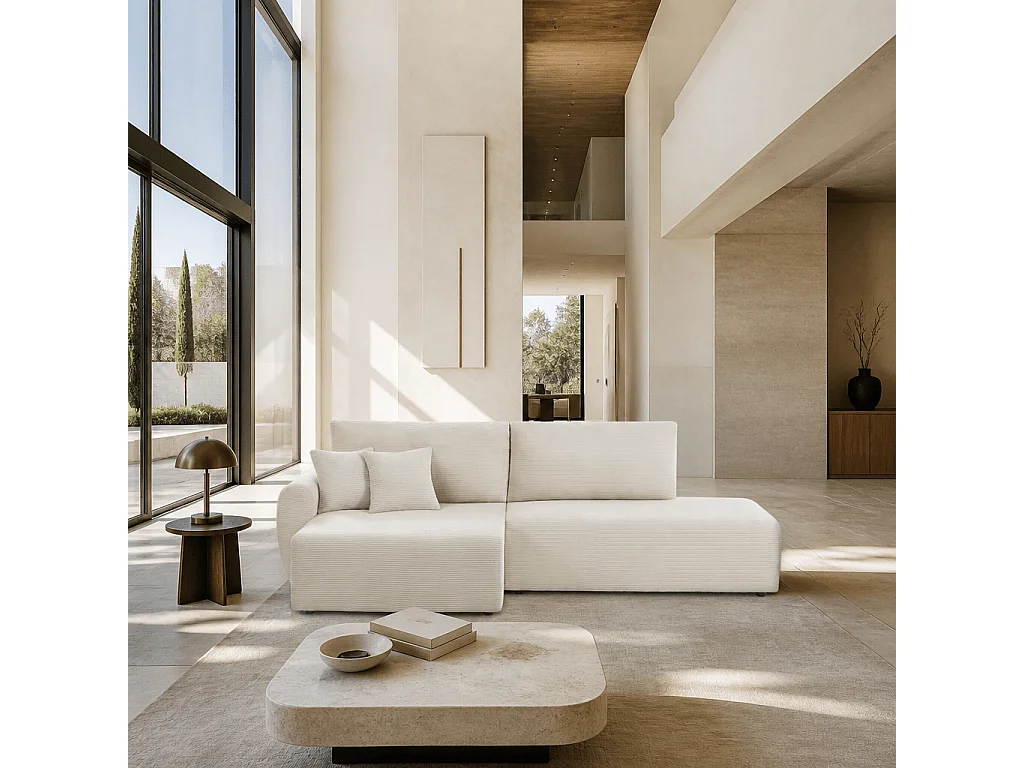 Canapé d'angle gauche ouvert convertible velours côtelé 4 places beige KALYS